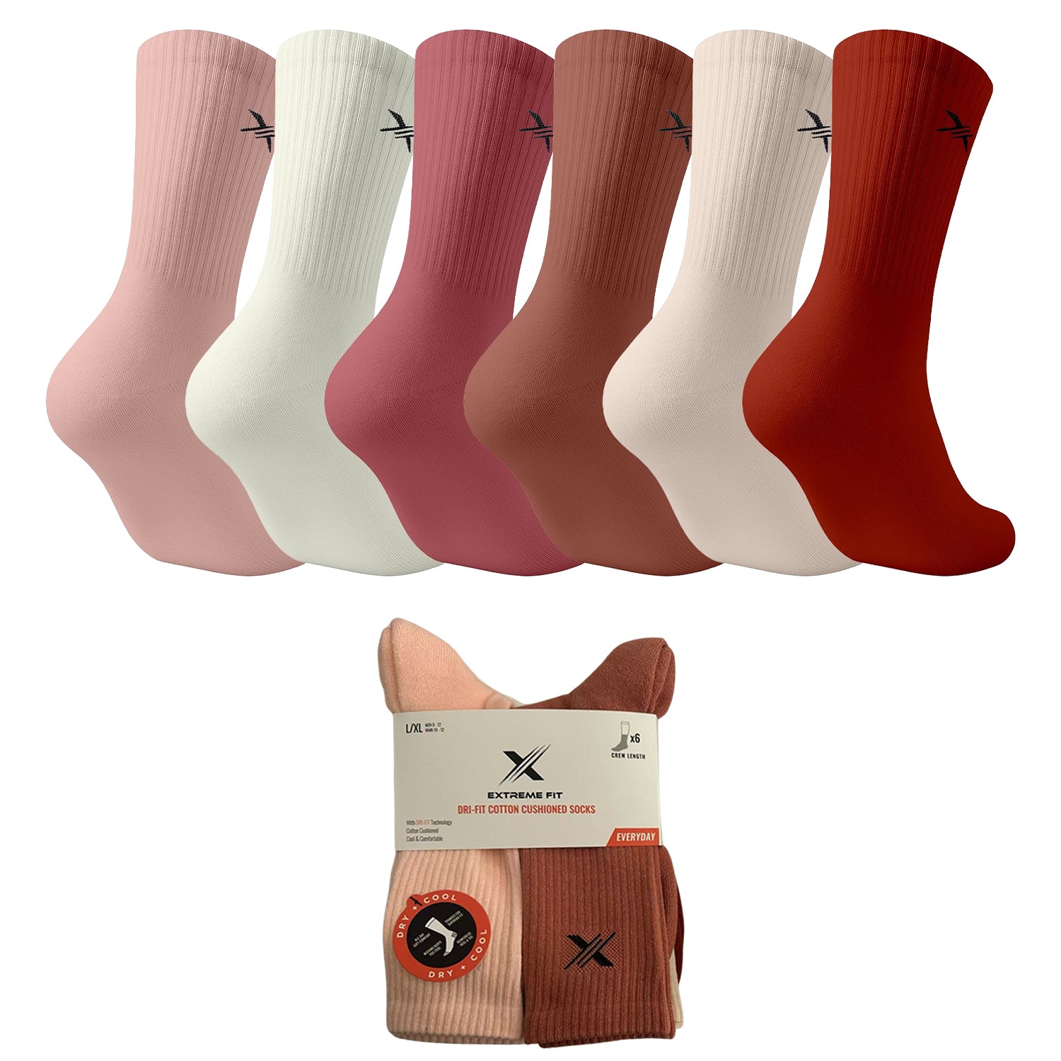 6-Pairs: Dri-tech Everyday Wear Crew Length Socks - NEUTRAL