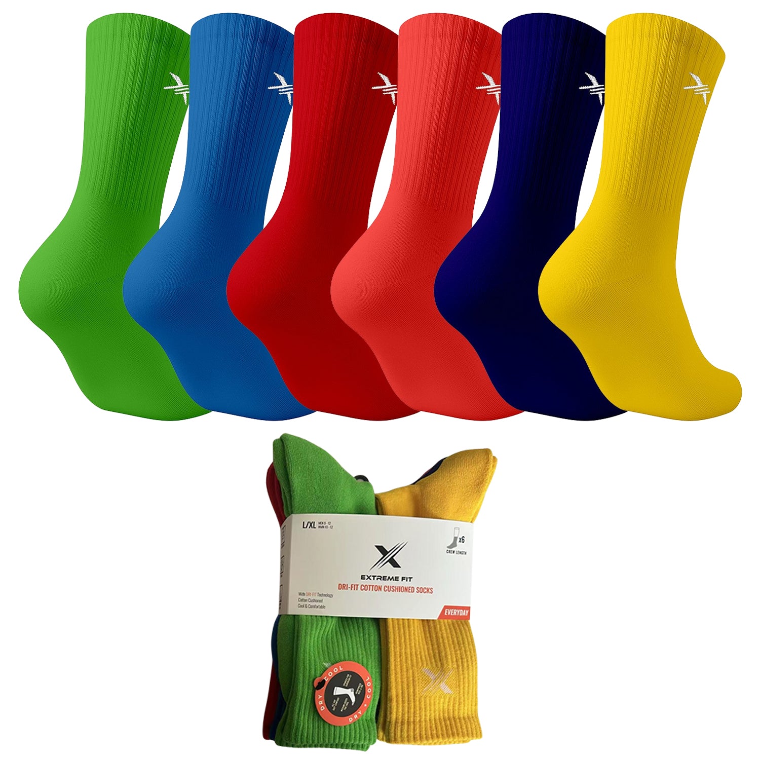 6-Pairs: Dri-tech Everyday Wear Crew Length Socks - BRIGHT