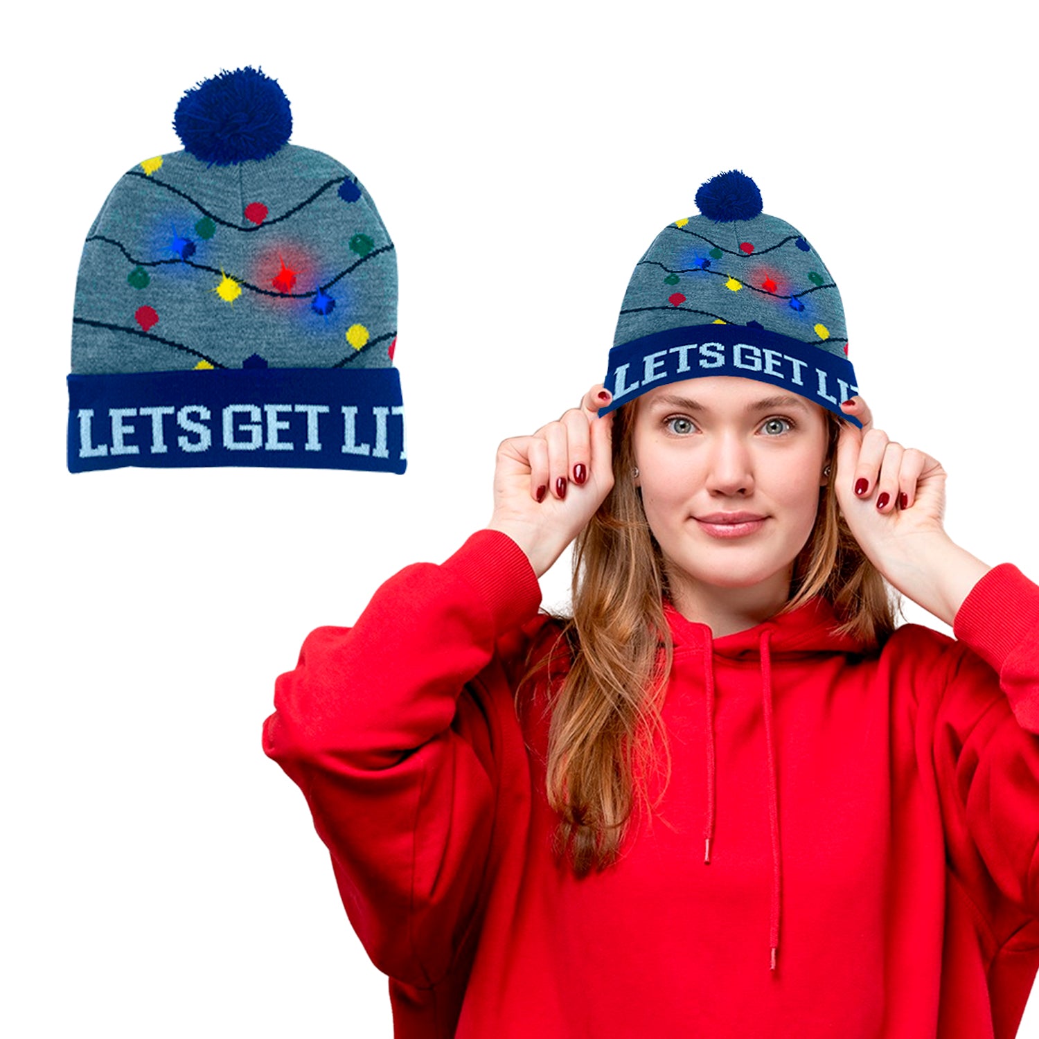 Christmas 2025 Colorful Warm LED Holiday Pom Pom Beanie Hat