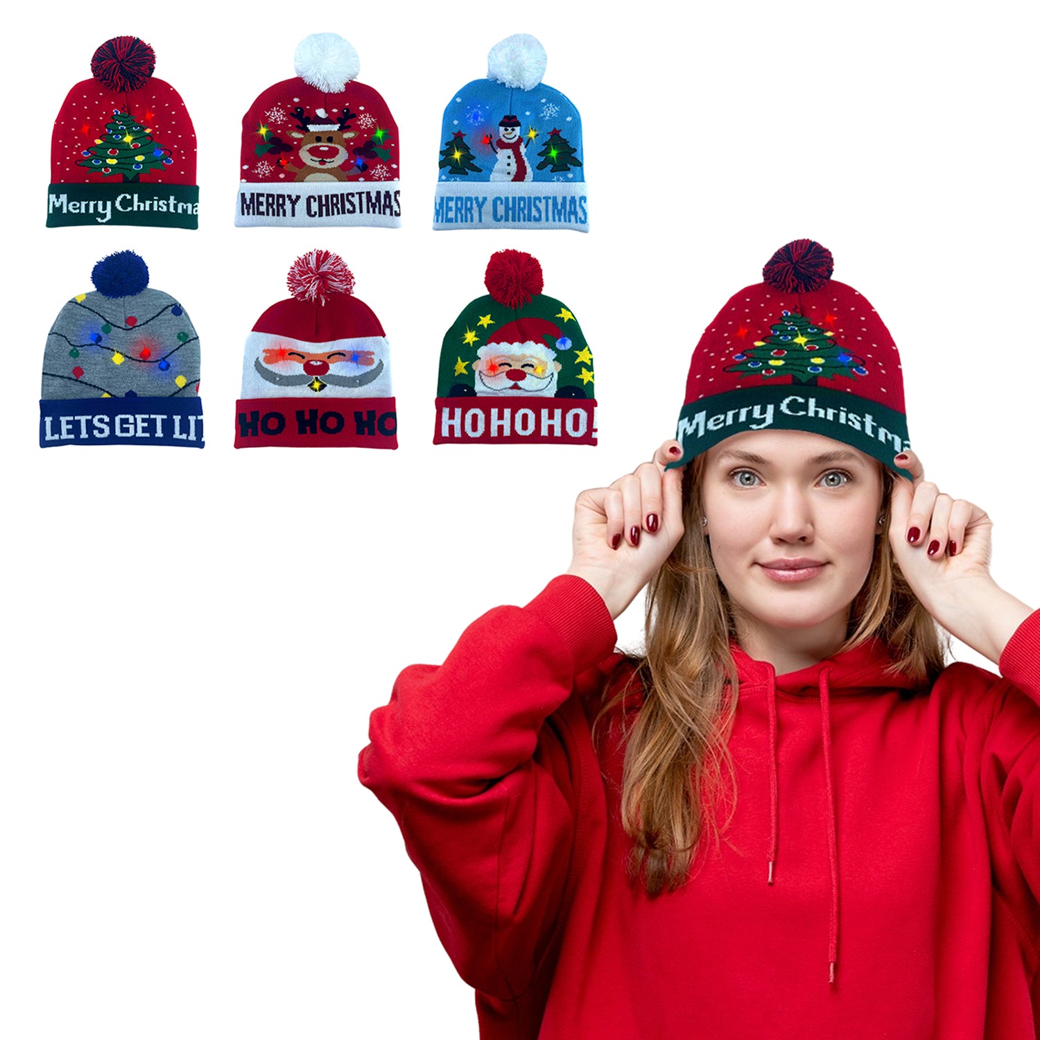 Christmas 2025 Colorful Warm LED Holiday Pom Pom Beanie Hat