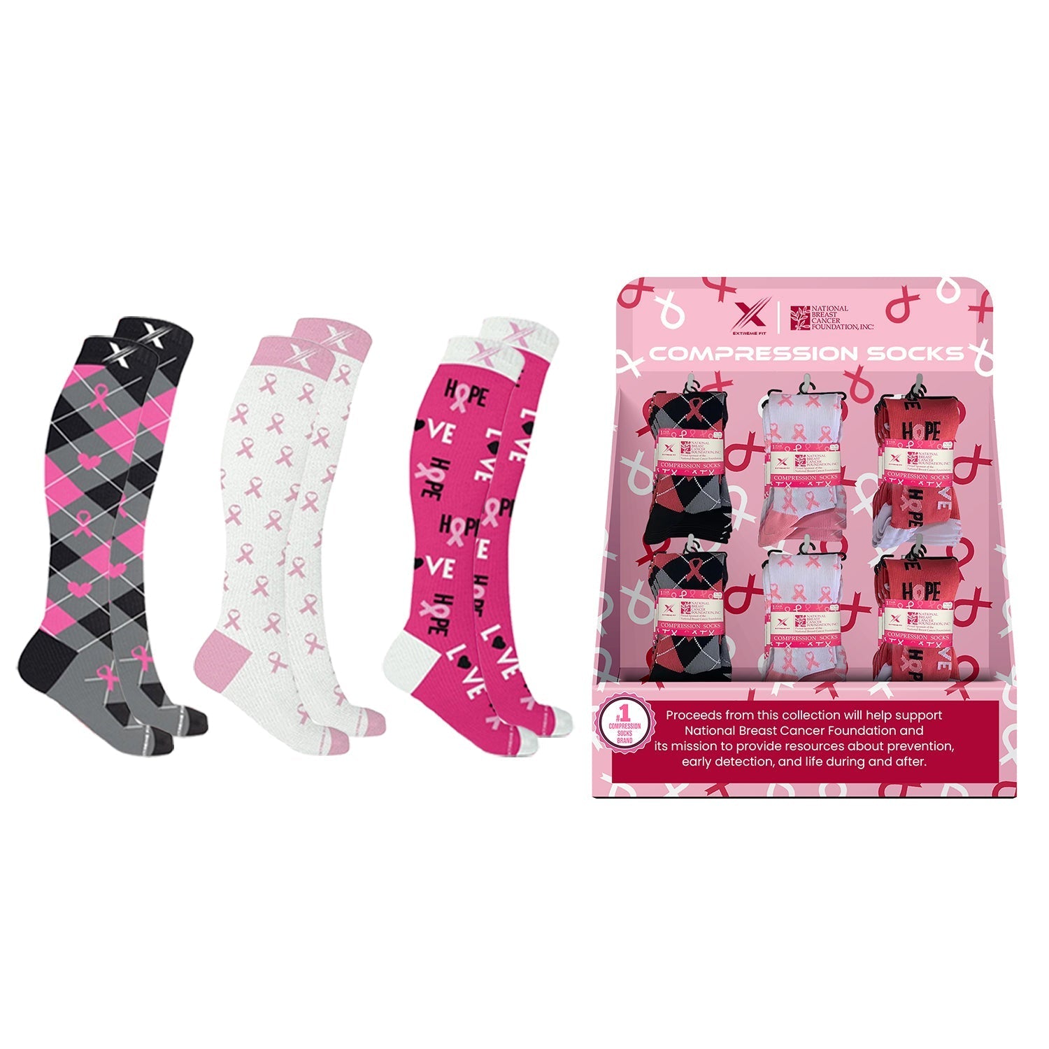 24-PAIRS BREAST CANCER AWARENESS SOCKS WITH FREE DISPLAY